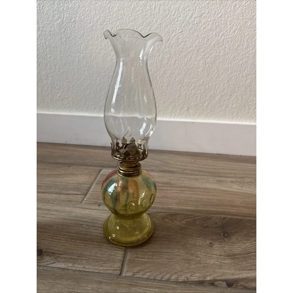 Vtg Oil Kerosene Hurricane Lamp Multi Color & Clear- Sits Uneven